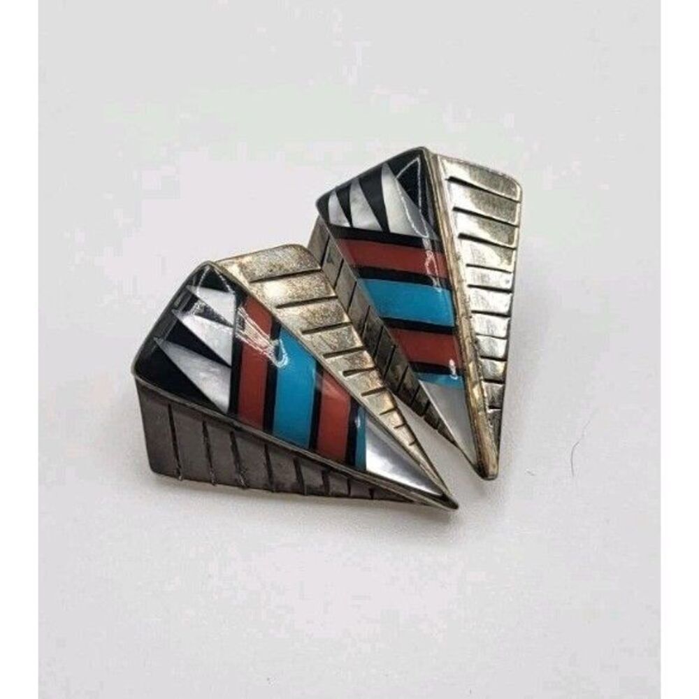 Native Made Sterling Silver Abalone Turquoise Coral Onyx Clip On 1in